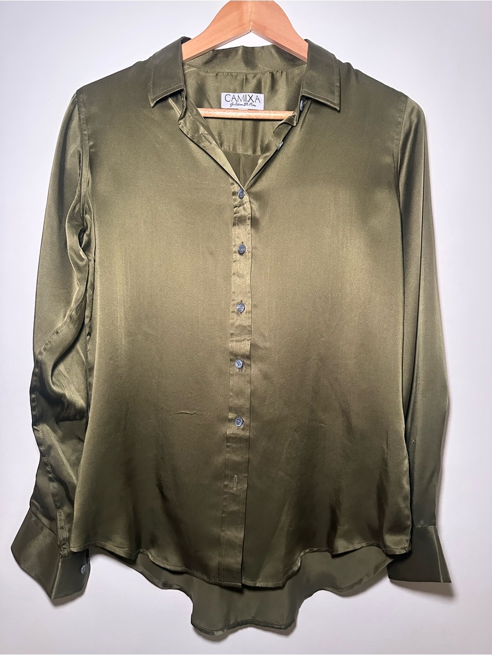 Francesca's Collections Olive Green Satin Button-Down Shirt